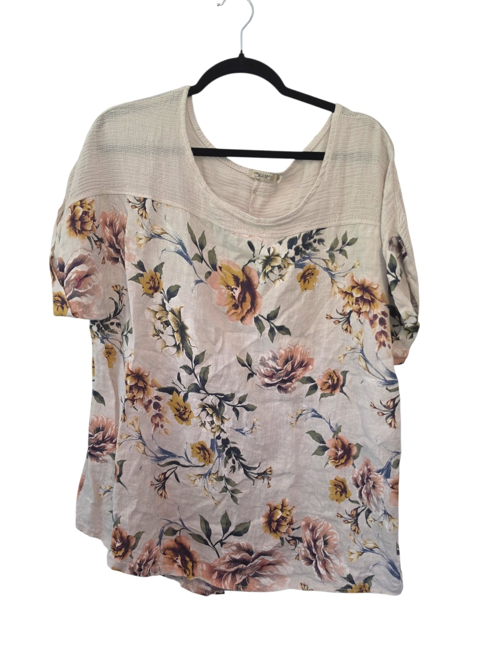 Lungo L'arno Linen Cream Floral Scoop Neck Top Size 1X